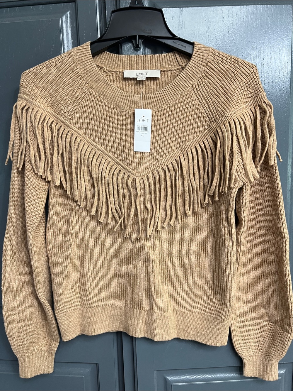 LOFT Camel Fringe Crewneck Sweater